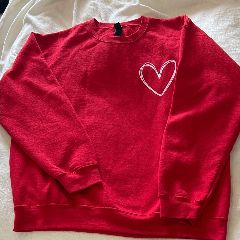 Gildan Red Valentines Crewneck Sweatshirt with White Heart Graphic